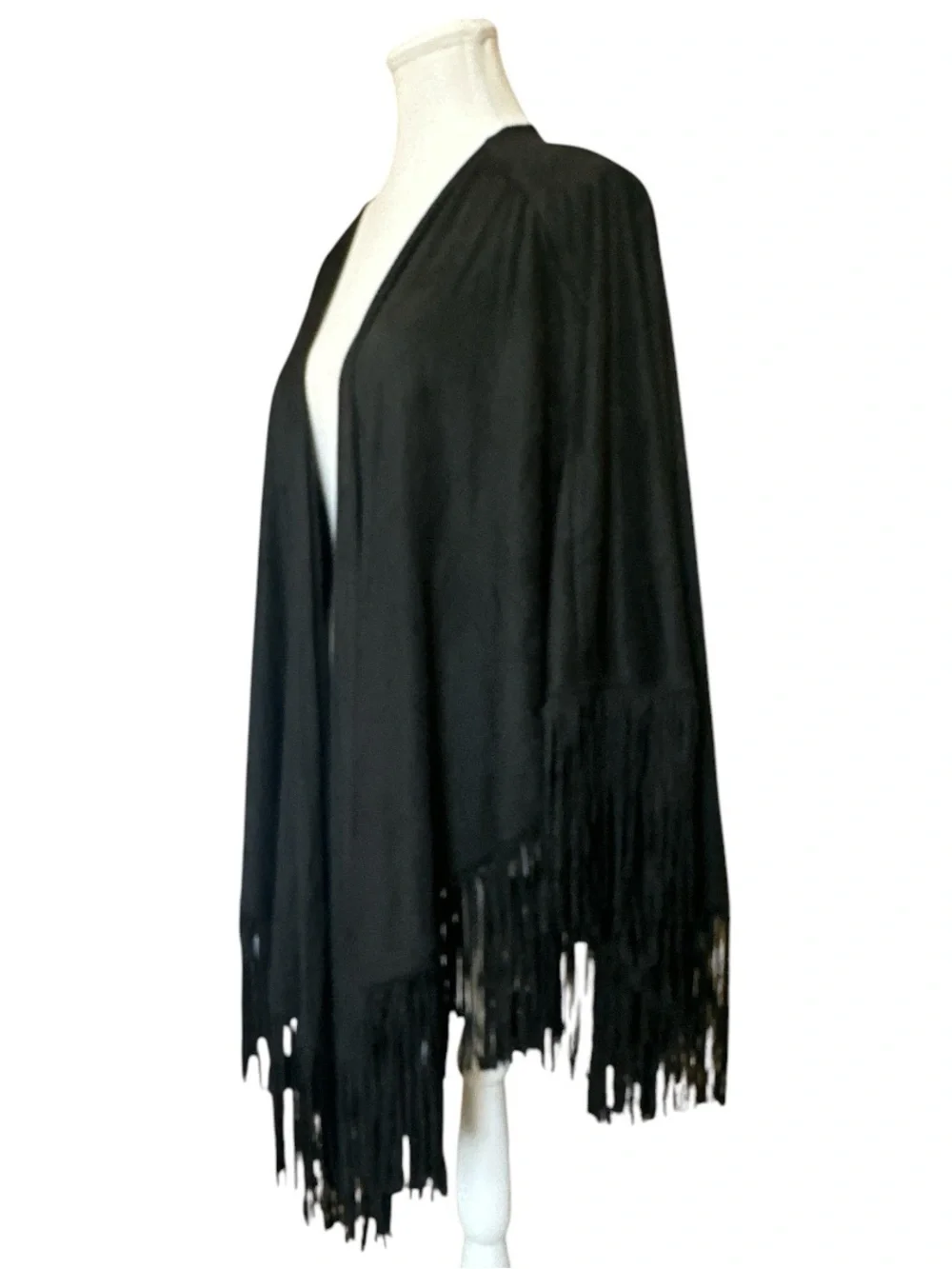 Black Faux Suede Fringe Trimmed Ruana Wrap One Size NWT